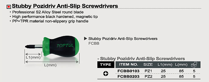 FCBB-185x160 Stubby Pozidriv Anti-Slip Screwdriver - FCBB